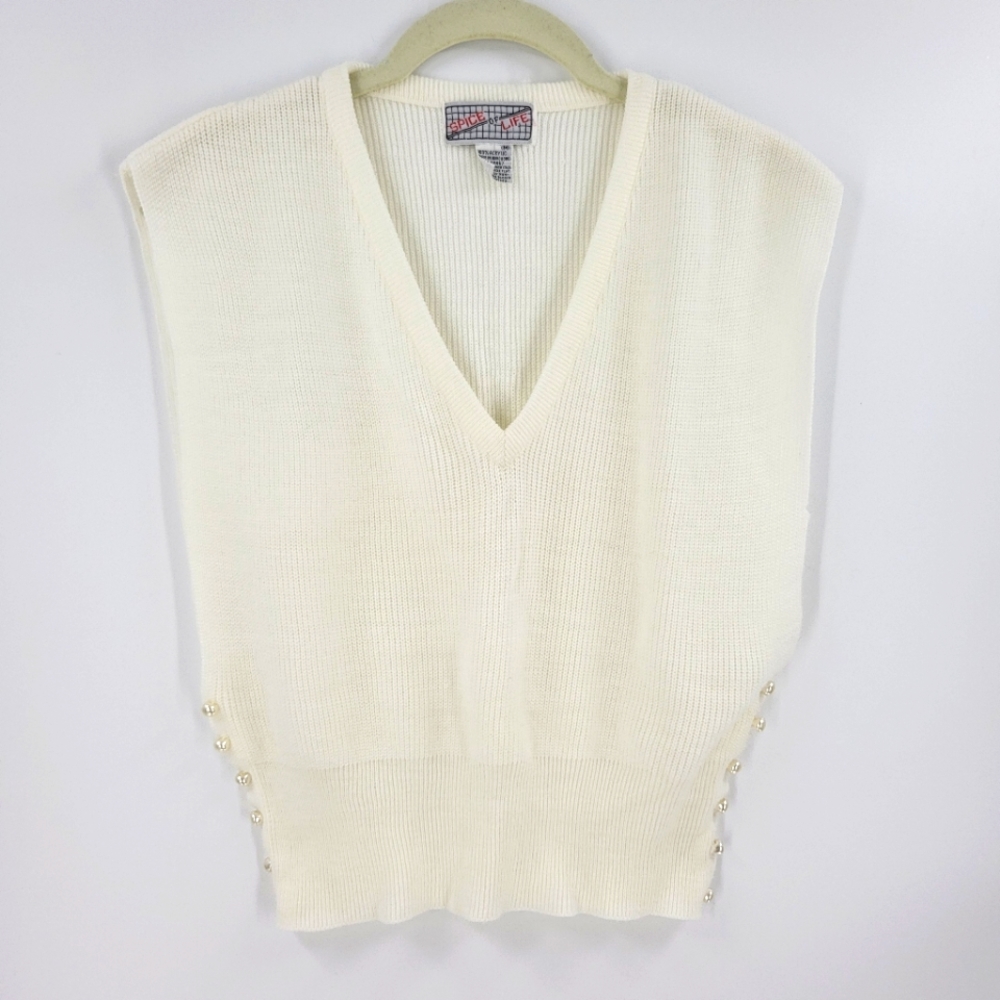 Vintage Spice of Life Sweater Vest Pearl Side Button Detail Cap Sleeve Ribbed M